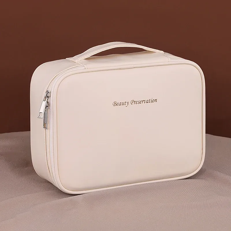 sac de maquillage de voyage double couche en cuir pu pour femmes, sac de rangement portable de grande capacité, sac de voyage étanche à fermeture éclair [q][q]q@