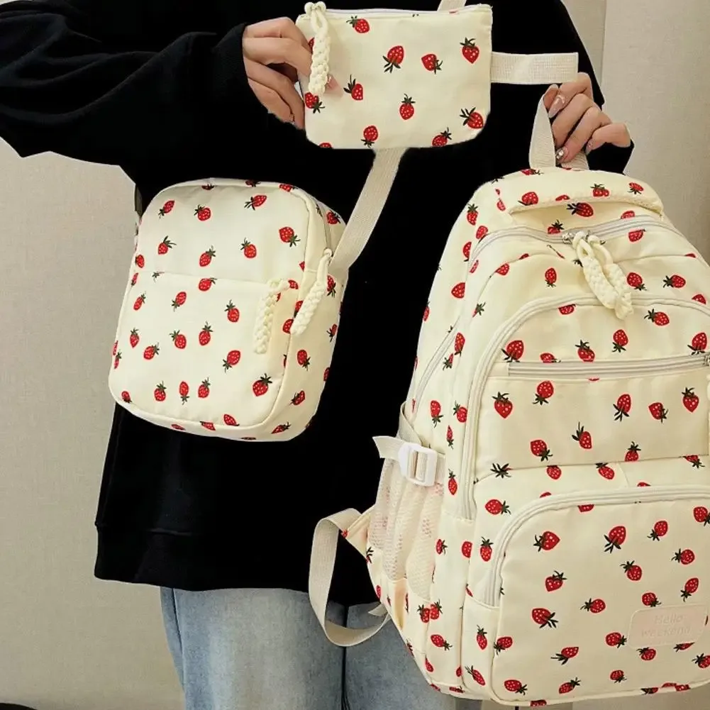 sac à dos en velours côtelé, ensemble de trois pièces, imprimé fraise, sac à dos quotidien décontracté, niche, grande capacité, sac à dos léger pour les déplacements