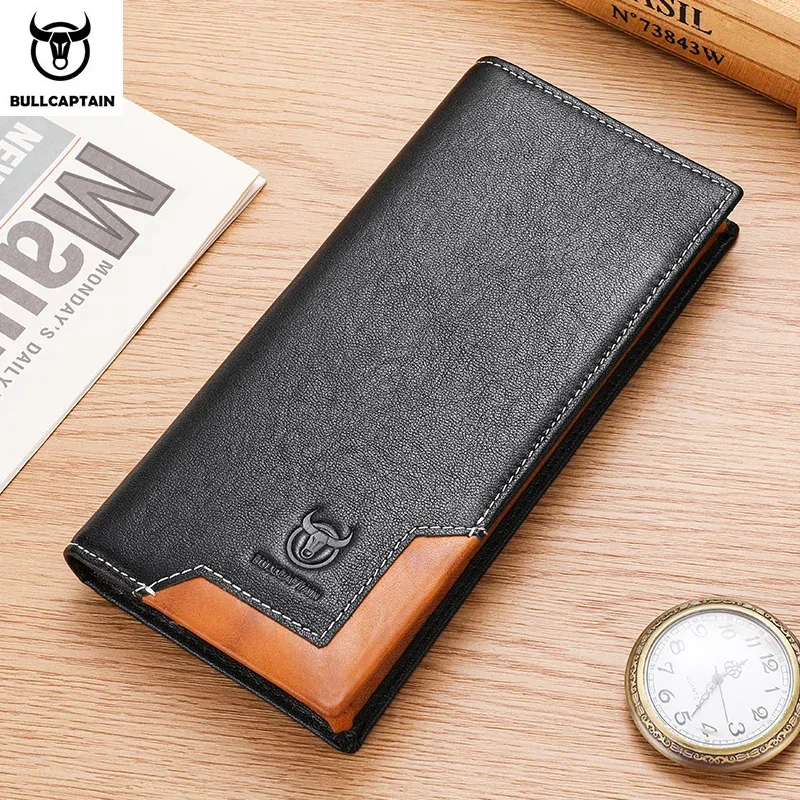 bullcaptain – sac à main long en cuir véritable pour hommes, fonction rfid, porte-carte de crédit, porte-monnaie en cuir, portefeuille multifonctionnel