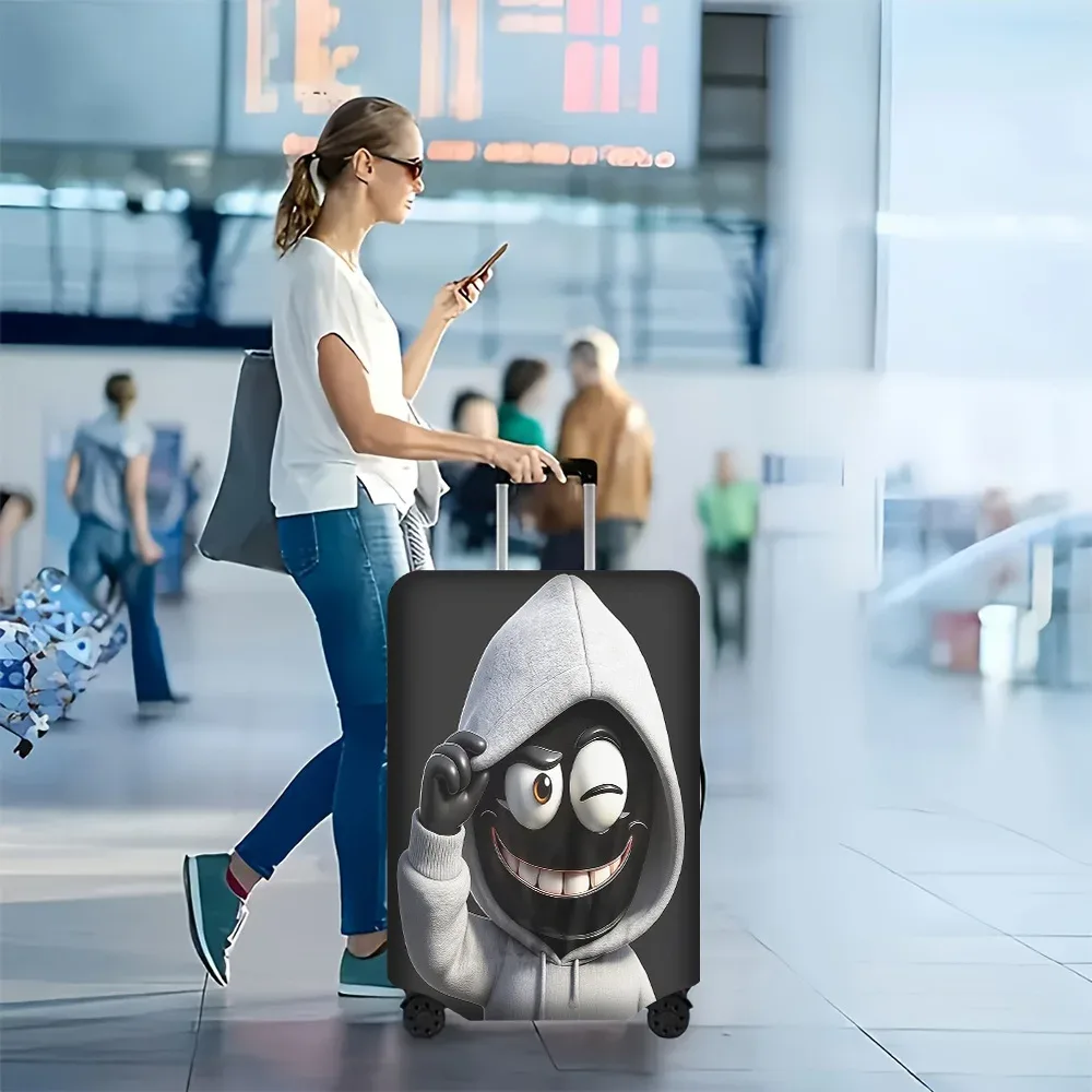 housse valise polyester design humoristique personnage souriant sweatshirt capuche fond noir roues transport protection voyager