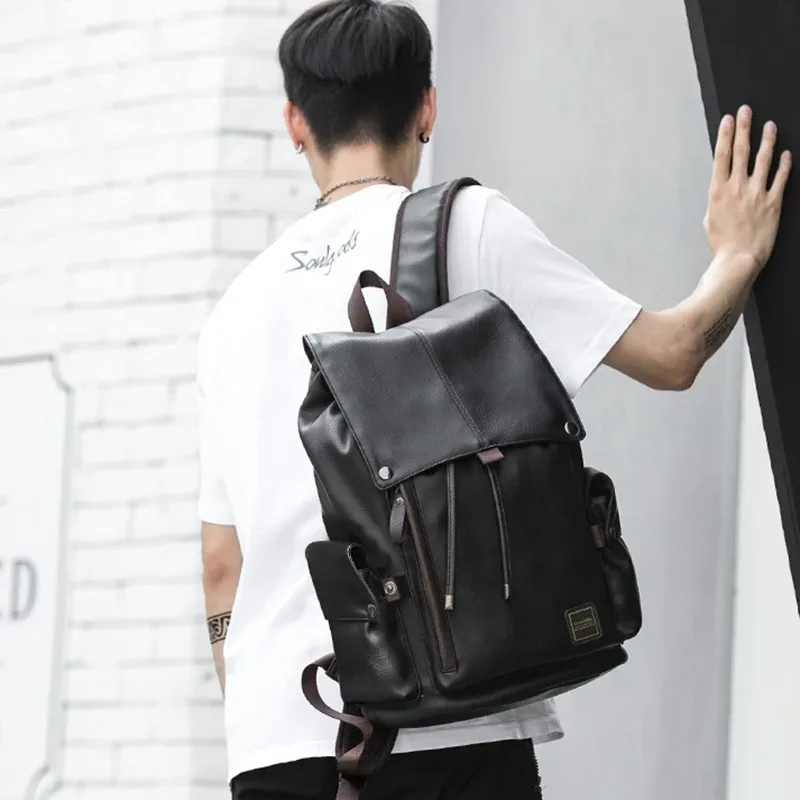 moyyi grand sac à dos de voyage en cuir étanche à rabat hommes femmes adolescents collège étudiant sac d'école décontracté sacs à dos pour ordinateur portable