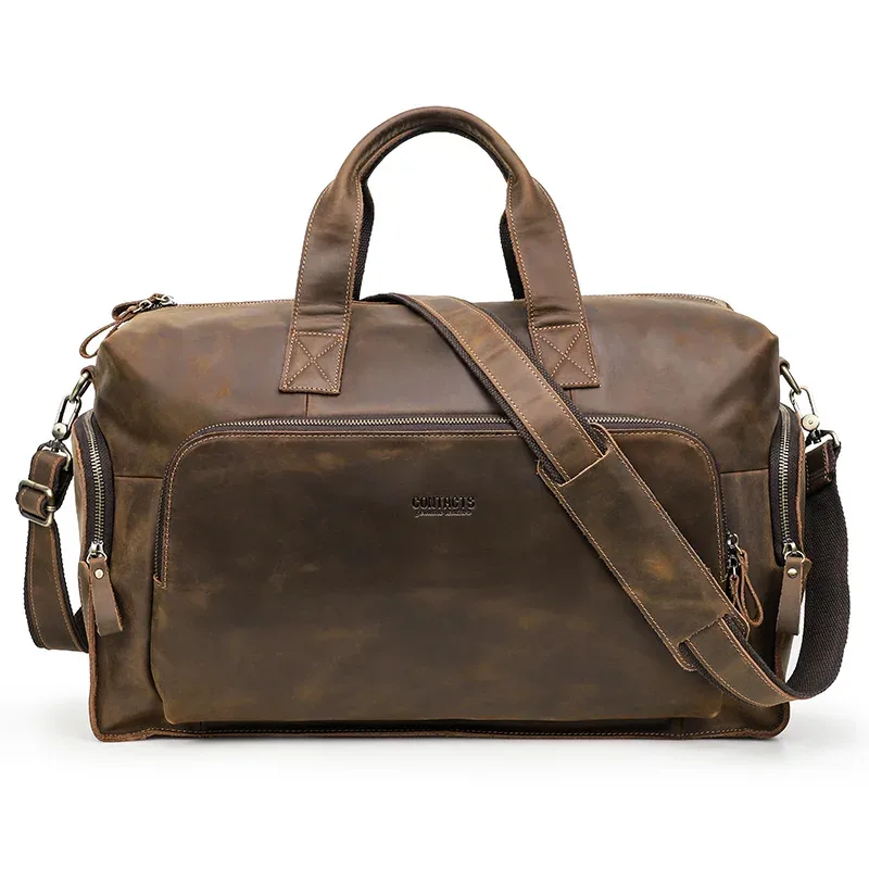 contact's – sac de voyage vintage en cuir véritable pour homme, fourre-tout à bandoulière de grande capacité