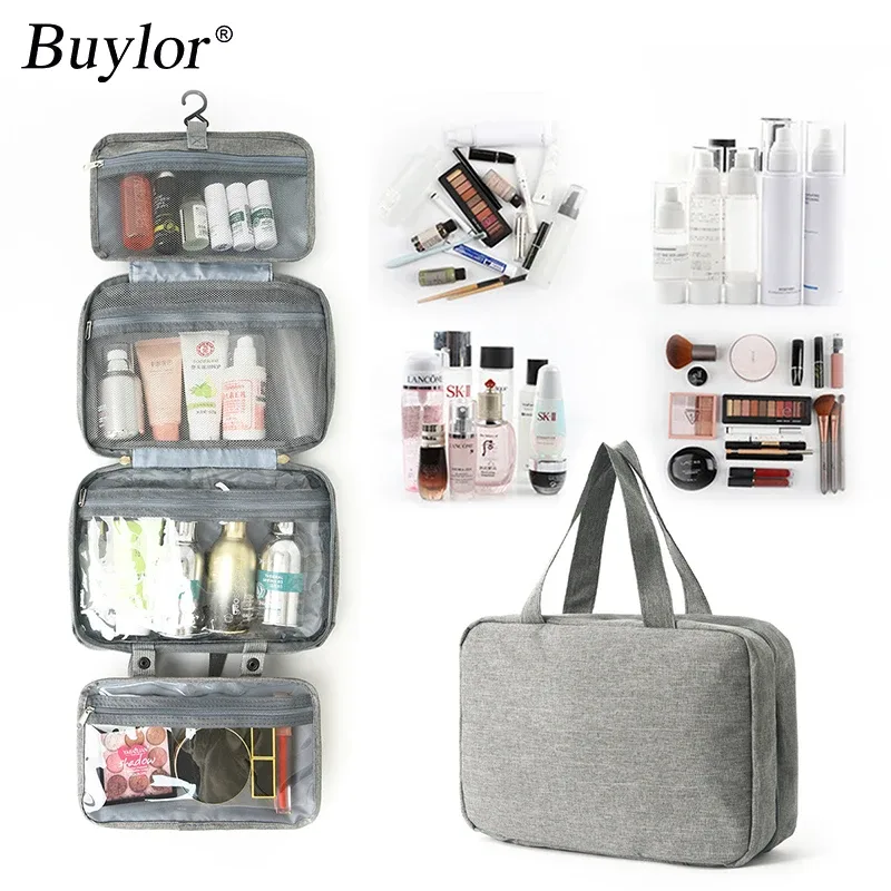 trousse de toilette cosmétique multifonctionnelle, 4 plis, résistante à l'eau, séparation sèche et humide, portable pour voyage, pinceaux cosmétiques, articles de toilette
