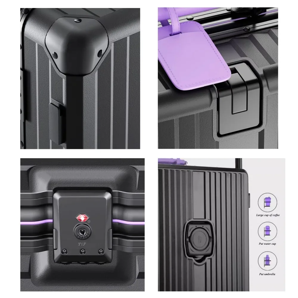 valise pc aluminium roues pivotantes silencieuses serrure tsa compartiments internes couleur noire ligne dorée grande capacité voyage