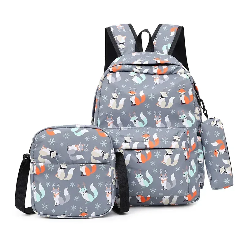 sac dos nylon noir motif géométrique bleu blanc poches lateral zipper usage école voyage