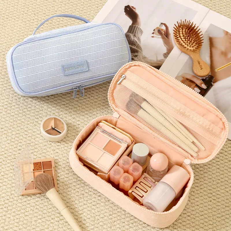 sac de rangement de maquillage de voyage en velours côtelé pour femmes, sac à cosmétiques portable à fermeture éclair avec poignée carrée, pochette de lavage de toilette de grande capacité
