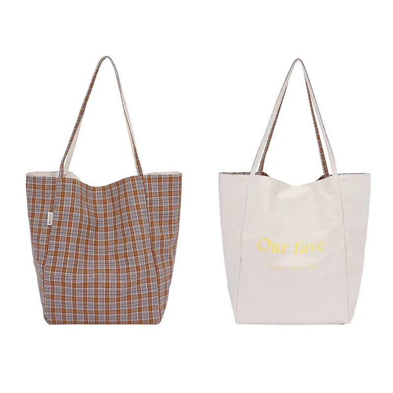 sac en toile à carreaux double face, multicolore, grande capacité, sac fourre-tout à bandoulière pour femmes, sac de shopping
