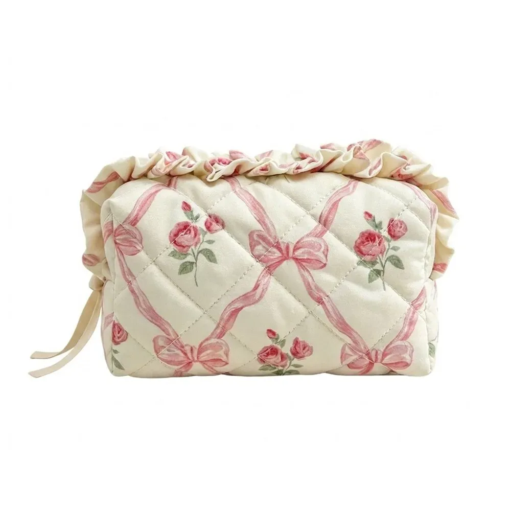 1 pièce trousse de maquillage matelassée de haute qualité, motif floral avec nœud, grande capacité, pour la maison et les voyages