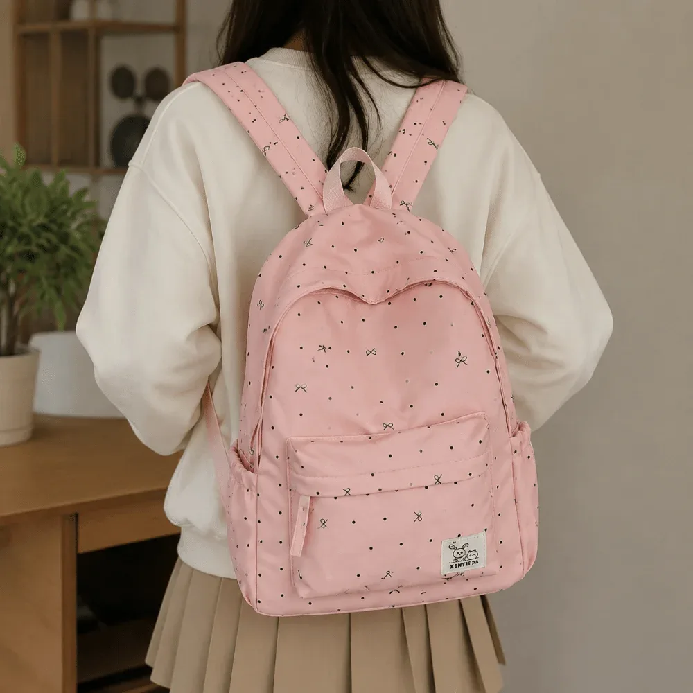sac à dos tendance léger à pois avec nœud, respirant, pour étudiants, durable, décontracté, grande capacité, pour l'école et les voyages