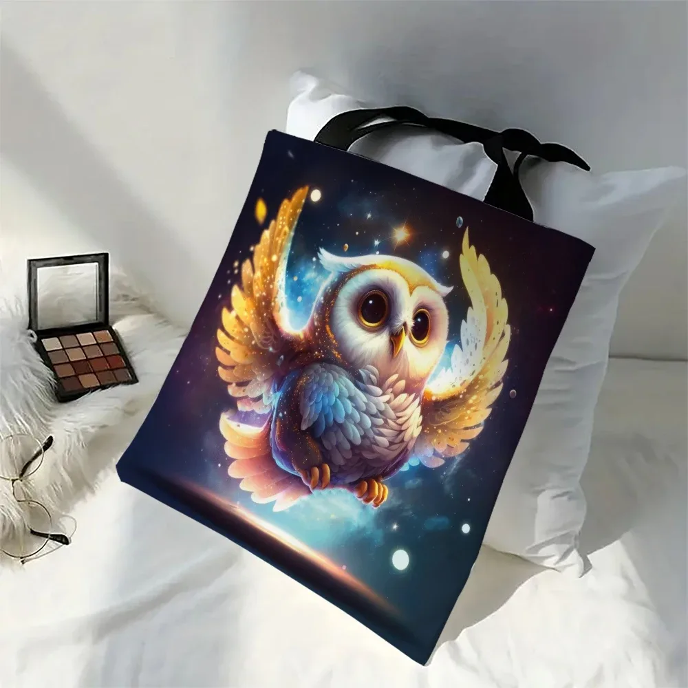sac de shopping décontracté pour femmes, 1 pièce, hibou de dessin animé, design imprimé animal, sac à bandoulière pliable portable, sacs cadeaux pour amis et enseignants