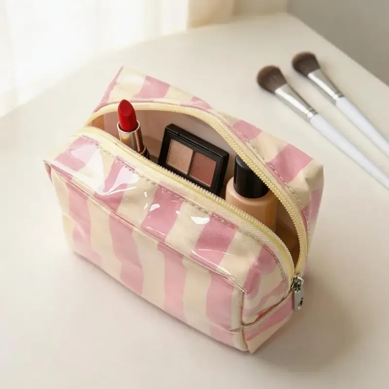 mini trousse de toilette rayée en pvc, trousse de maquillage, trousse de toilette imperméable, étui pour pinceaux de maquillage