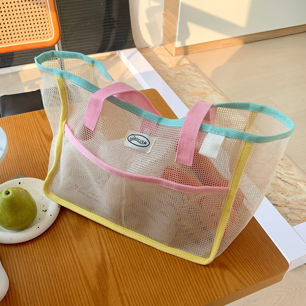 sac fourre-tout en maille mignon, sac de plage portable, respirant, à séchage rapide, pliable, grande capacité, sac à bandoulière pour femmes et filles