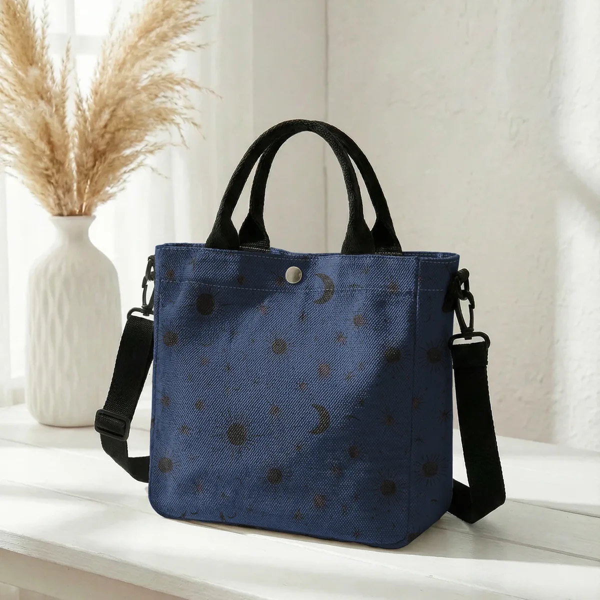 sac fourre-tout violet imprimé soleil, lune et étoiles, avec bandoulière amovible, sac à main pour femme, pour les courses quotidiennes