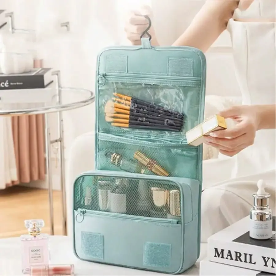 trousse de toilette de voyage de style coréen, trousse de maquillage, trousse à crochet, trousse de rangement multifonctionnelle de grande capacité avec compartiment séparé pour les articles secs et humides.