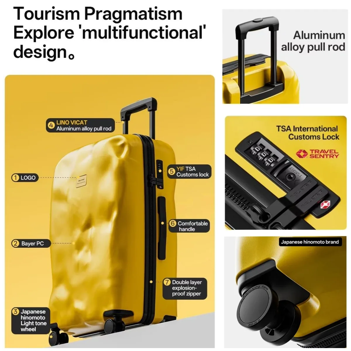 valise créative au design irrégulier cratère de météorite, tendance rétro, bagage à roulettes de voyage 20/24/26/28 pouces avec serrure tsa, en matériau pc