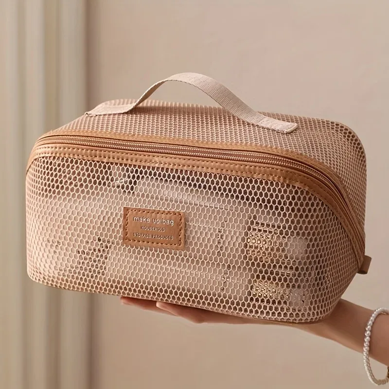 trousse de maquillage en tissu filet translucide grande capacité, pochette de voyage essentielle pour articles de toilette, trousse de maquillage multifonctionnelle