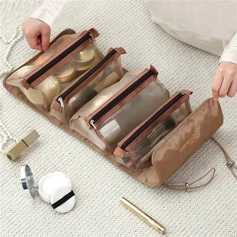 sacs de maquillage 4 en 1, sac à cosmétiques détachable, portable, grande capacité, pliable, voyage, rangement de cosmétiques, trousse de toilette