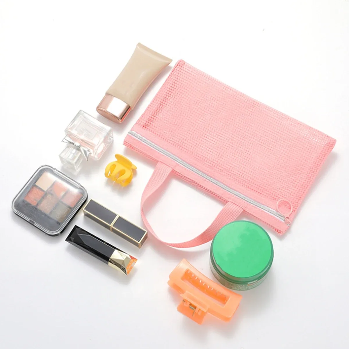 mini trousse de maquillage rose en maille multi-poches, sac de natation, sac de rangement de voyage portable, sac de bain portable, sac de plage, lot de 1