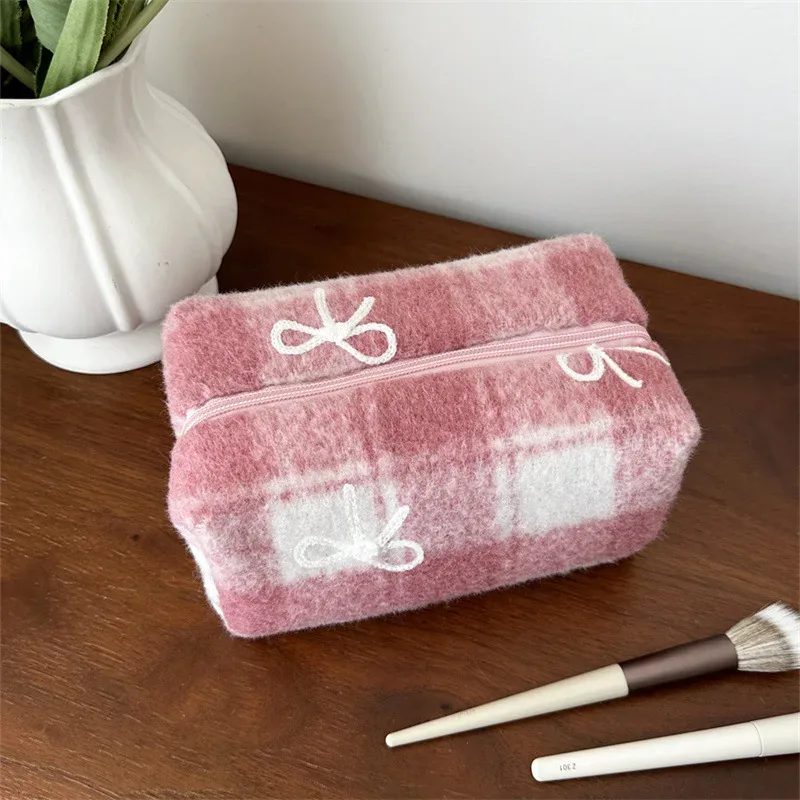 sac de maquillage à carreaux doux pour la saint-valentin, nouvel an, organisateur d'arc en tweed, trousse de toilette de grande capacité, pochette de transport à main portable