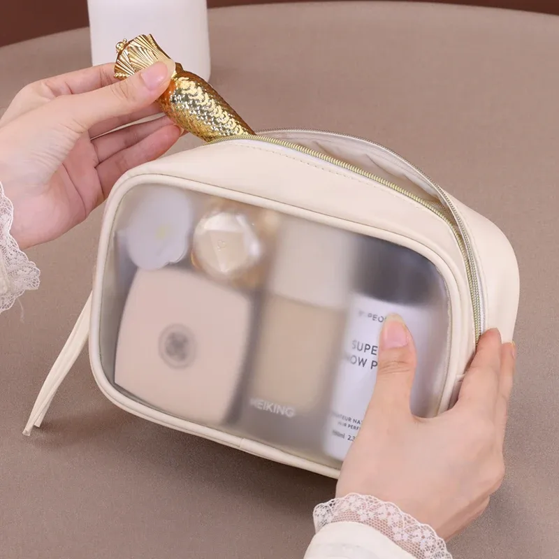 sac de maquillage semi-transparent mat, sac de voyage, sac de rangement pour cosmétiques, sac de toilette portable, organiseur