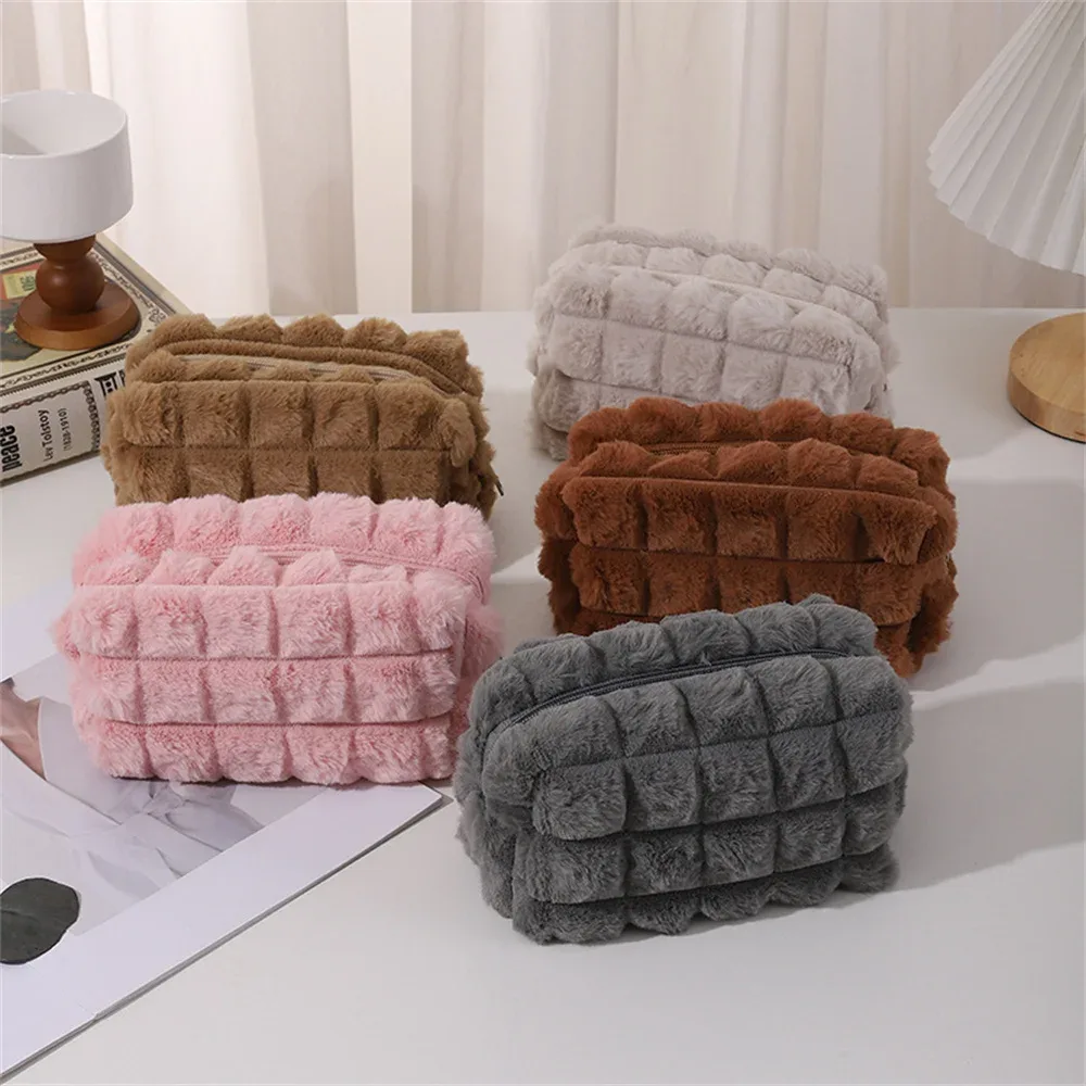 trousse de maquillage en peluche pour femme, sac de rangement cosmétique, rouge à lèvres, brosse, sacs à main chimevalupowers, grande capacité, trousse à crayons