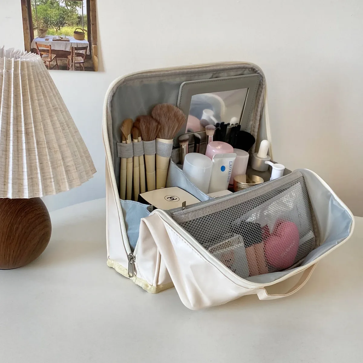 sac de maquillage portable grande capacité pour femmes, sac de voyage suspendu avec compartiments et miroir intégré, sac de rangement