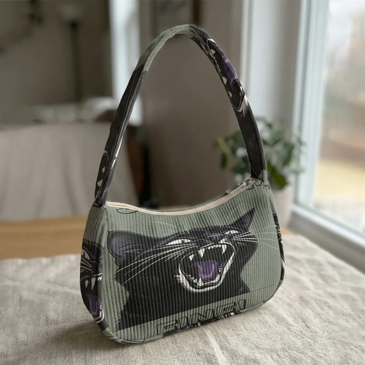 sac à bandoulière tendance imprimé chat noir en colère, sac sous le bras en velours côtelé pour un usage quotidien décontracté