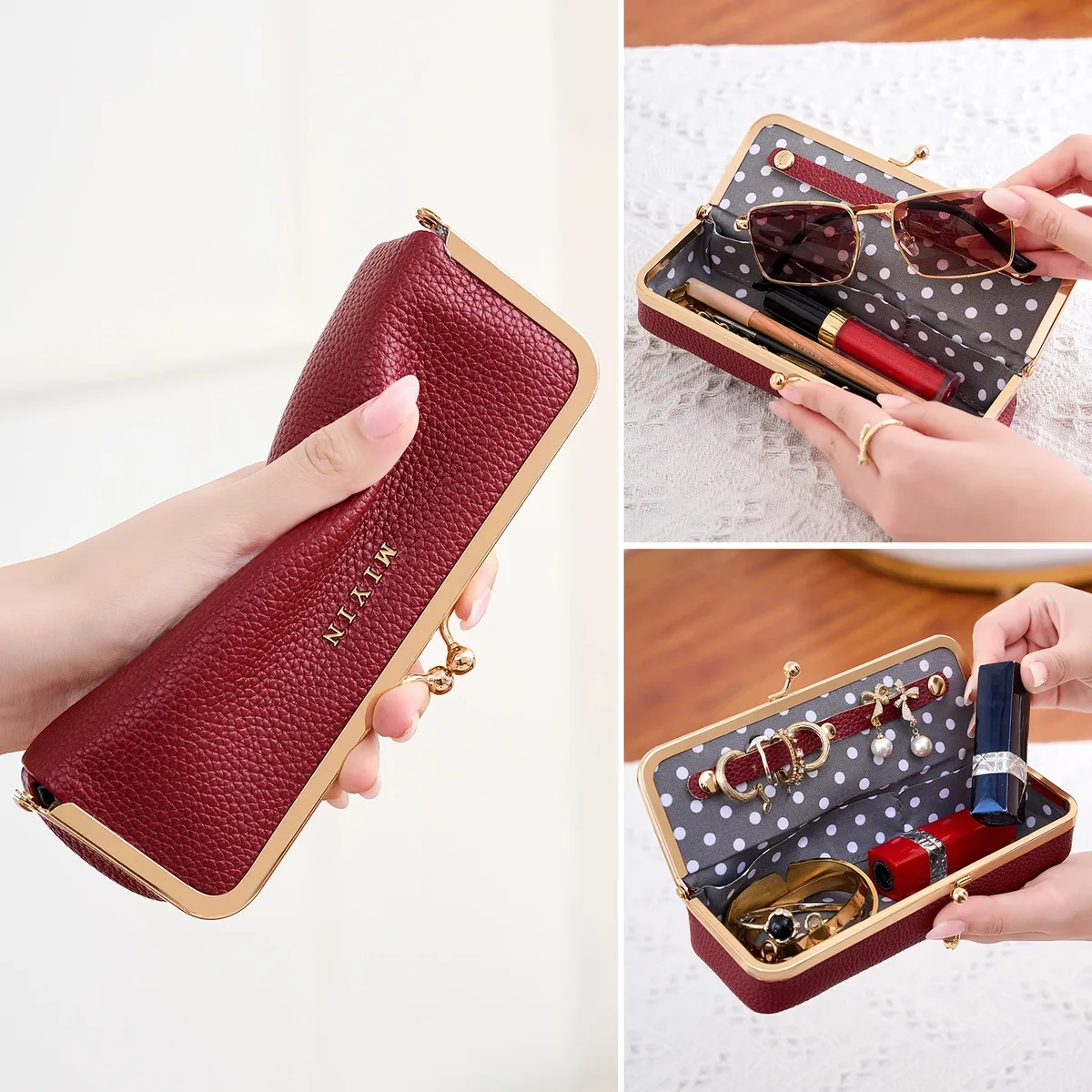 miyin étui à bijoux multifonctionnel pour femme à imprimé léopard avec fermeture kiss lock, étui à lunettes, essentiel de voyage, organisateur de rouge à lèvres et cosmétiques