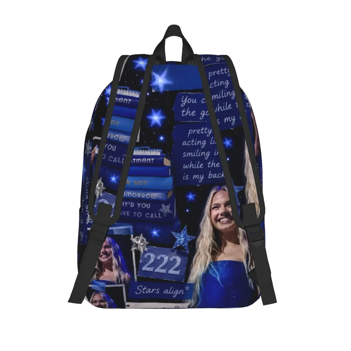 sac à dos freya skye avec patchwork photo et texte bleu, sacs à dos modernes pour garçons, sacs de randonnée souples, sacs d'école secondaire, sac à dos de créateur