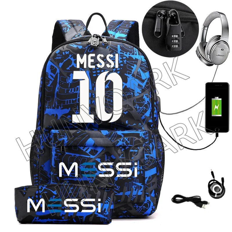 messi-sac à dos étanche avec chargeur usb, sac à dos de voyage décontracté, grande capacité, sacs d'école pour ordinateur portable, hommes et femmes