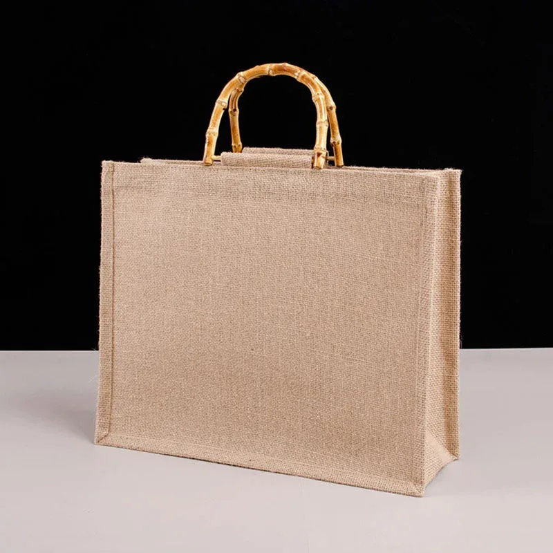 sac fourre-tout en toile de jute imperméable vintage, sacs en bambou, sac à main beige décontracté de grande capacité, sacs de plage portables, sacs d'évaluation de voyage