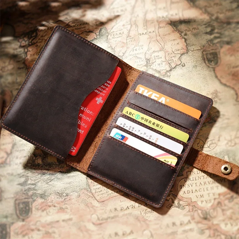 Portefeuille de passeport en cuir Crazy Horse – Organiseur de voyage rétro, porte-billet multifonction bloquant RFID pour hommes et femmes