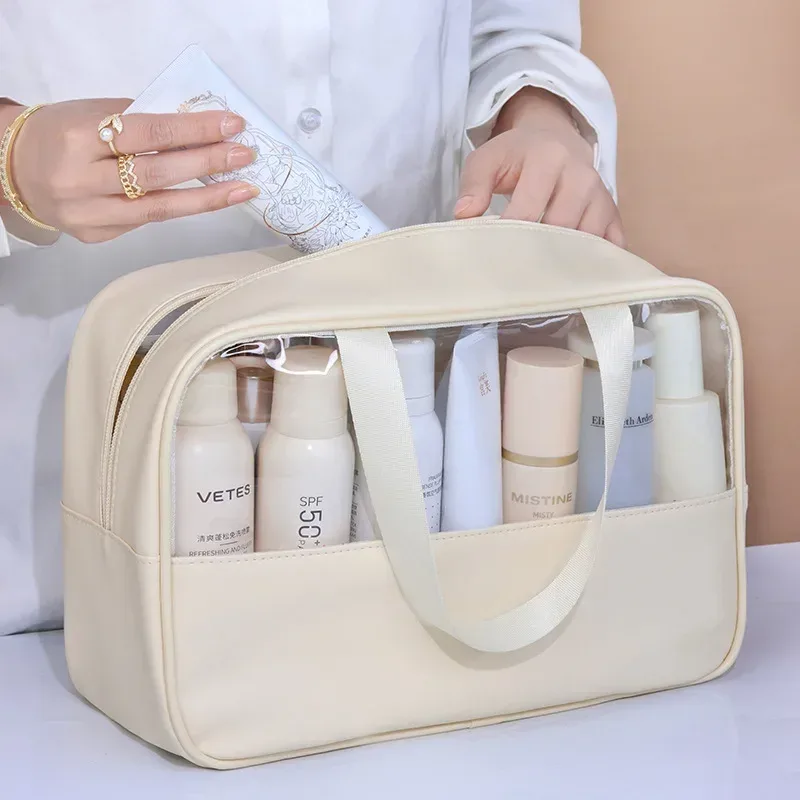trousse de toilette de voyage portable pour femmes, trousse de maquillage transparente, grande capacité, trousse de bain et de toilette, étui de rangement multifonctionnel et imperméable.