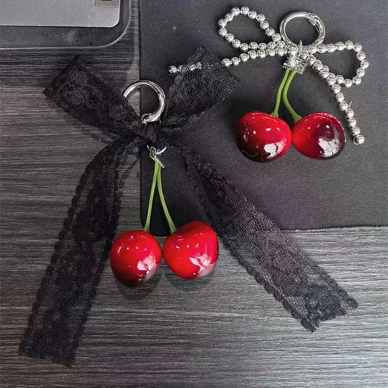 mode perle cerise dentelle nœud papillon sac pendentif à breloque porte-clés cerise voiture porte-clés sac à dos décoration bijoux cadeau pour femmes