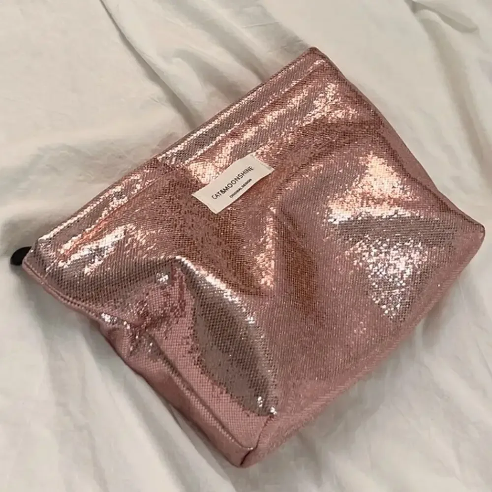 nouvelle trousse de toilette portable, organisateur de soins de la peau, pochette brillante à paillettes argentées champagne, sac cosmétique, trousse à maquillage