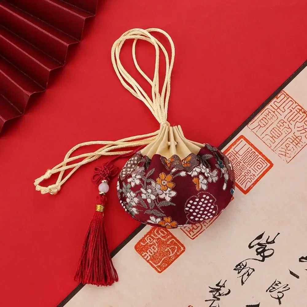 pochette de rangement pour colliers, motif floral, avec cordon de serrage et pompon, style chinois, pochette vide pour bijoux, sac à main pour femmes