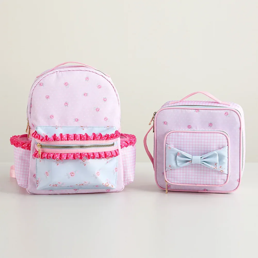 sac à dos pour filles à volants, toile florale, doublure à pois et à carreaux, grande capacité, rose, mignon, pour la rentrée scolaire.