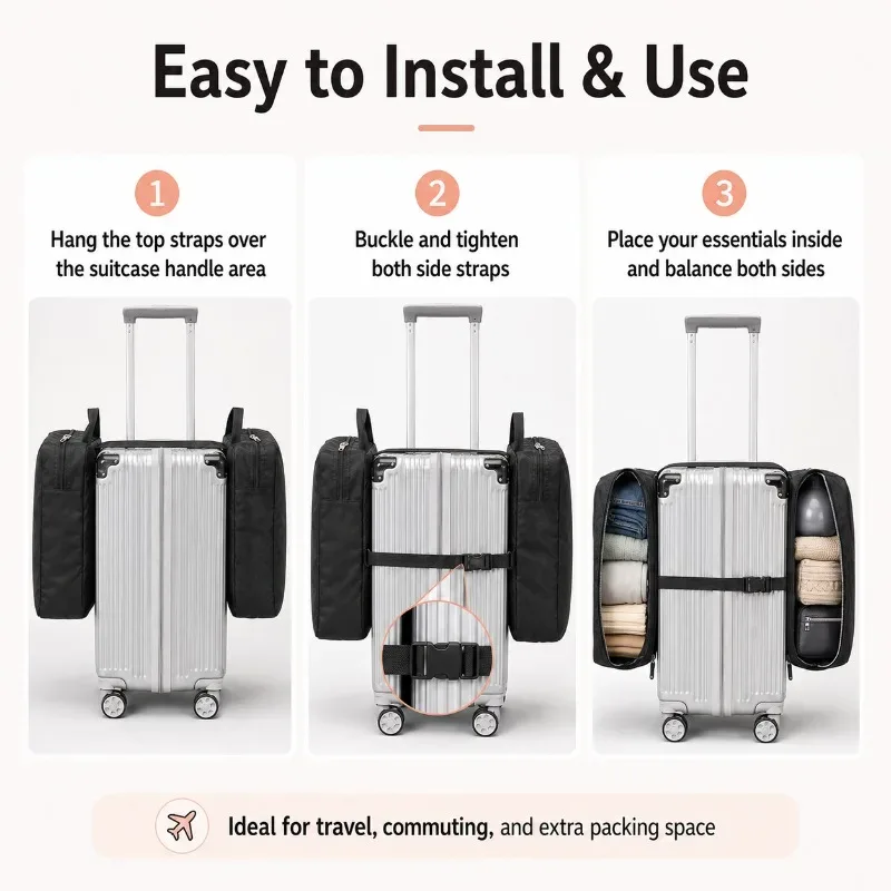 sac d'expansion double face pour bagages, pochette de rangement de voyage détachable pour valise, organisateur de sac pliable