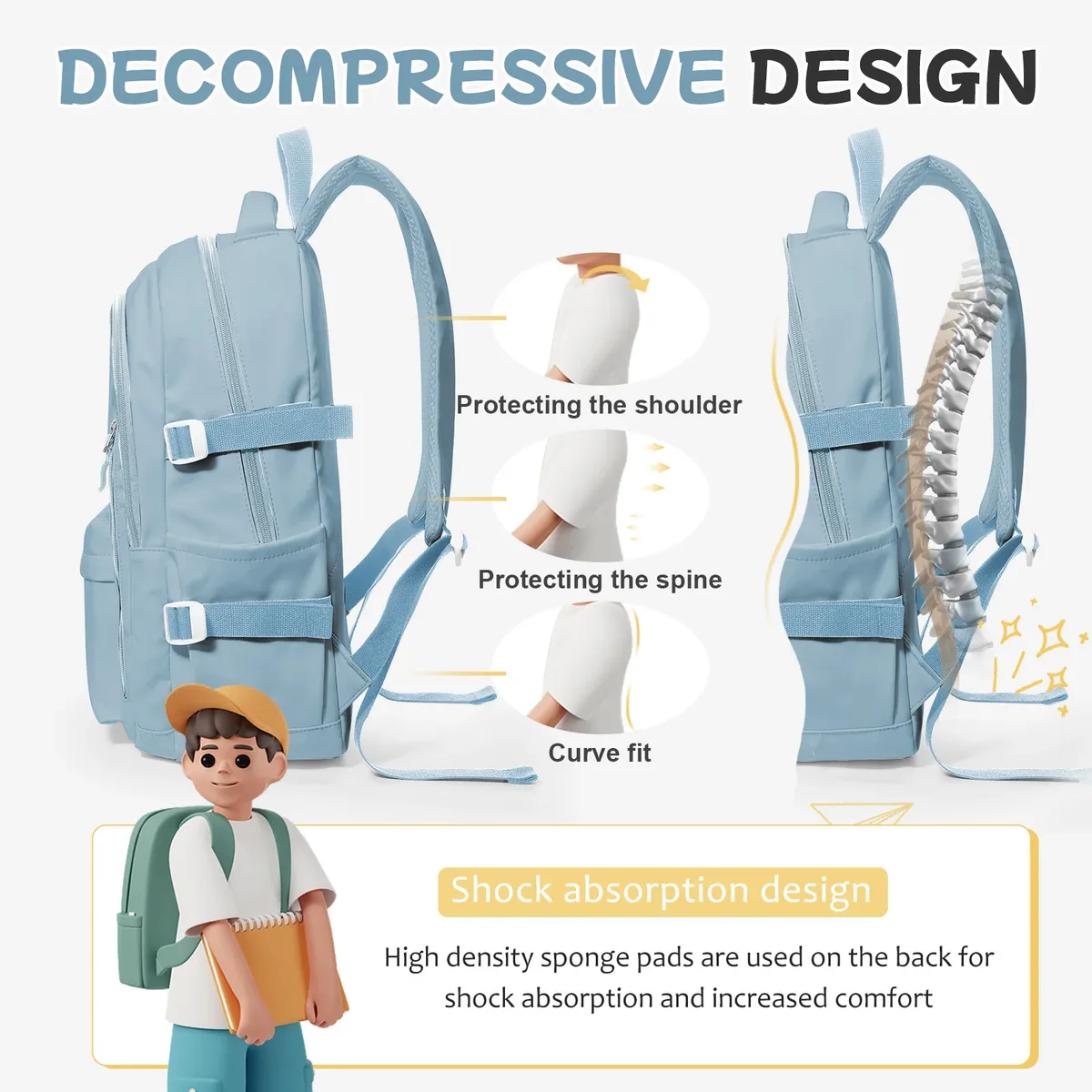 sac à dos de voyage décontracté antivol pour femme, design multi-poches en bleu clair durable pour l'école, le lycée et l'université