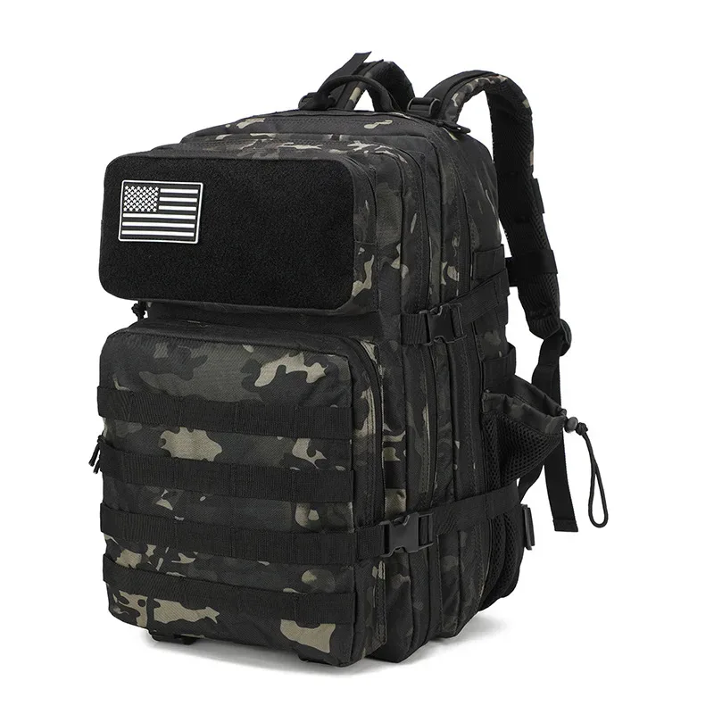 sac dos polyester noir motif bandes verticales poches ouvertes poche intérieure zippée bandoulière arquée escalade camping randonnée