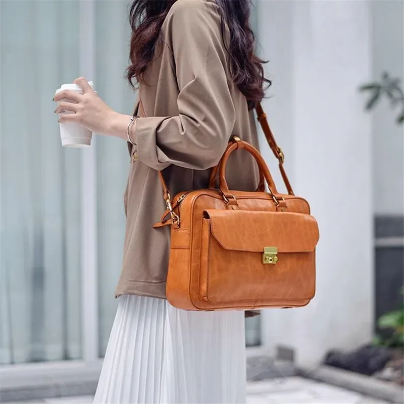 mode vintage haute qualité en cuir véritable femmes porte-documents concepteur de luxe véritable peau de vache bureau travail quotidien sac à main pour ordinateur portable