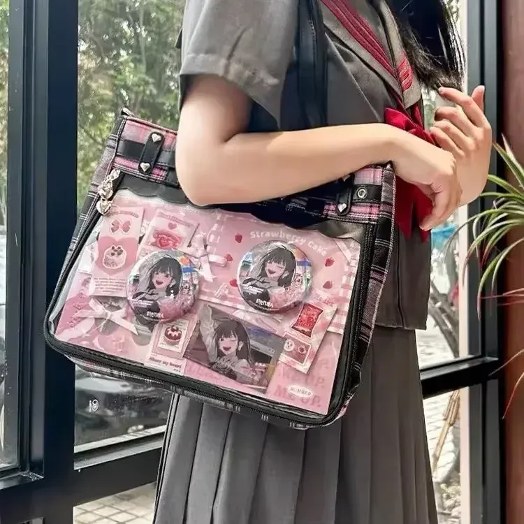 femmes mode motif à carreaux rétro ita sac mignon fille transparent grande capacité sac fourre-tout bricolage affichage sac à main nouveau sac à bandoulière