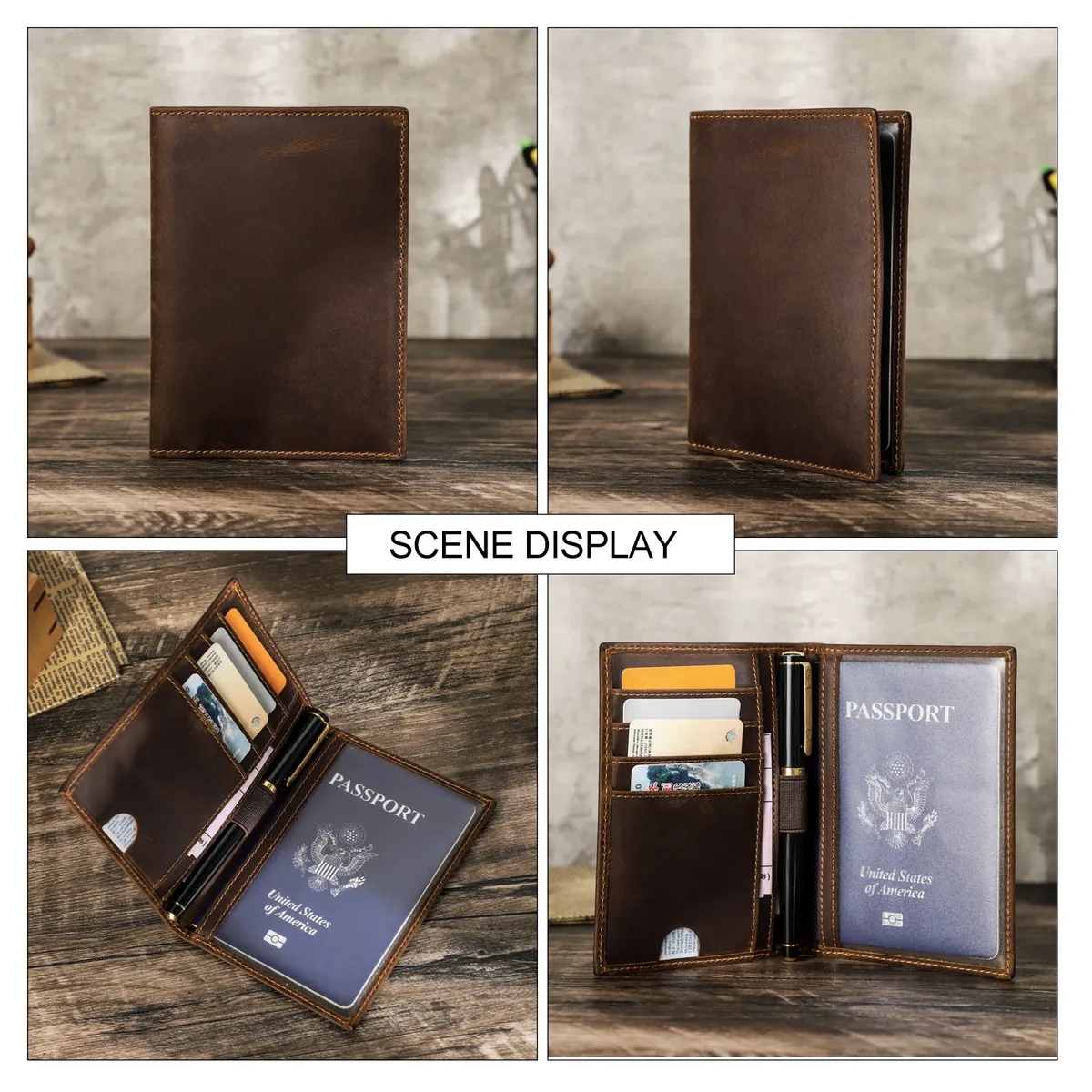 couverture de passeport en cuir rétro, blocage rfid pour cartes, portefeuille de passeport de voyage, étui organisateur de documents avec 1 porte-stylo pour hommes et femmes