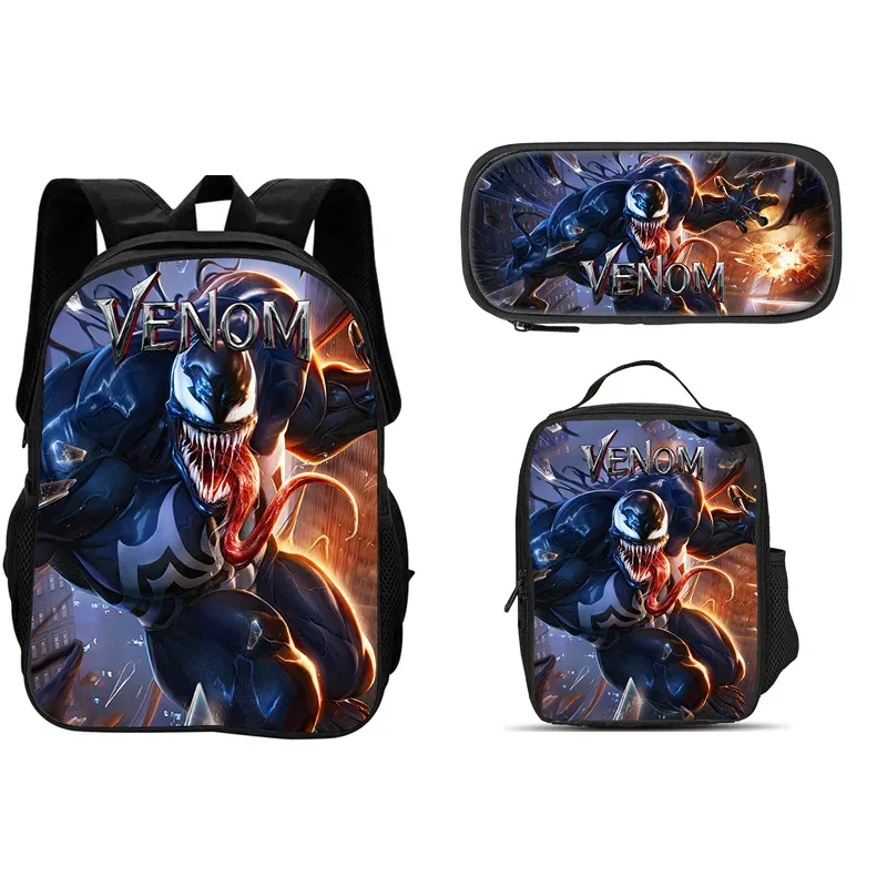 ensemble de 3 pièces du film venom : sac à dos + sac à lunch + trousse à crayons, papeterie de voyage à la mode, cadeau pour enfants, école, polyvalent
