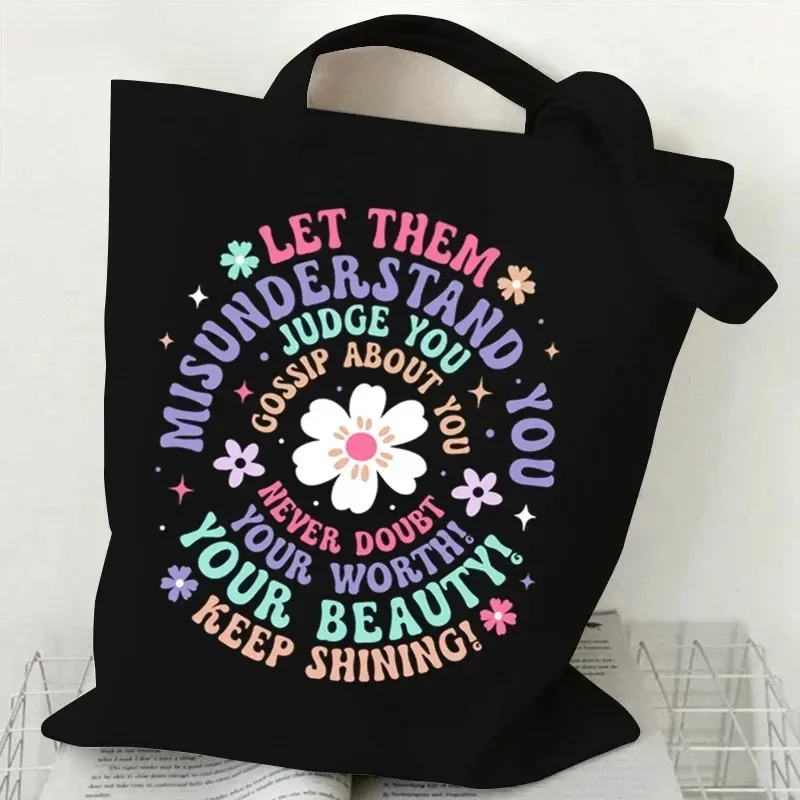 sac fourre-tout en toile à motif floral, sac de shopping réutilisable avec citation inspirante imprimée, sac à main écologique pour étudiantes, sac à bandoulière pour femmes