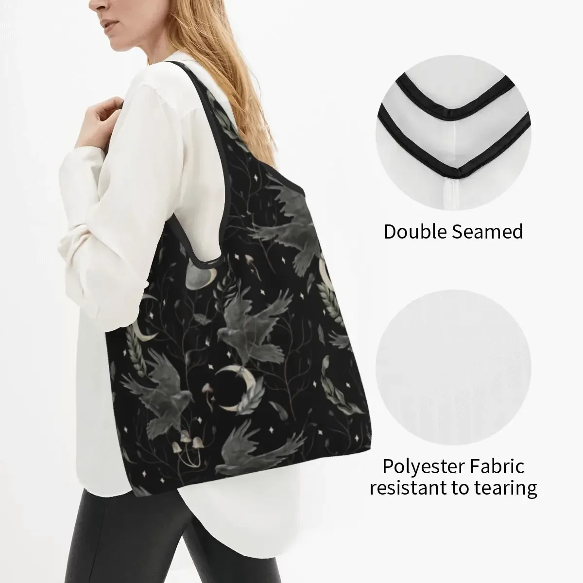 Sac à provisions réutilisable personnalisé Crow Moon pour femme, sac fourre-tout portable, Halloween, sorcière effrayant, sacs d'épicerie