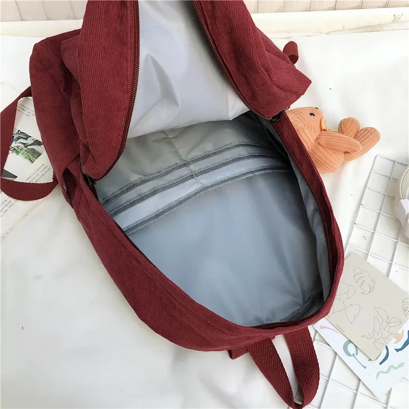sac à dos coréen en velours côtelé, couleur unie, léger, imperméable, grande capacité, sac d'école pour étudiantes, sac de voyage pour filles et femmes