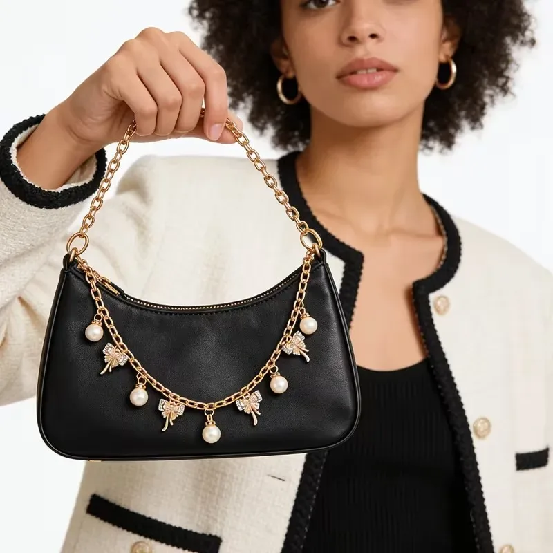 chaîne de sac à main rose avec nœud papillon, matériaux de fabrication de sacs, chaîne pour sacs fourre-tout et sacs à bandoulière, poignée de sac, chaînes dorées, pendentif de portefeuille