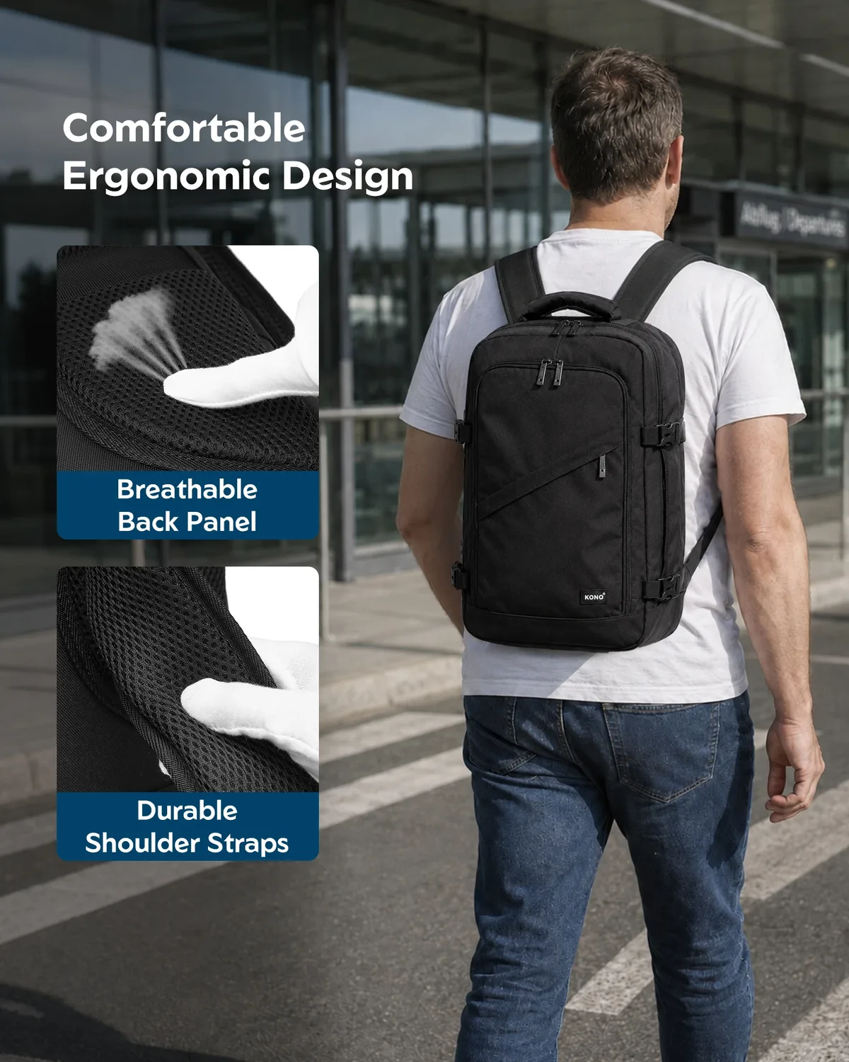kono sac de cabine 40x20x25 cm pour sac à dos de bagage à main ryanair sous le siège, taille cabine 20l noir minimaliste
