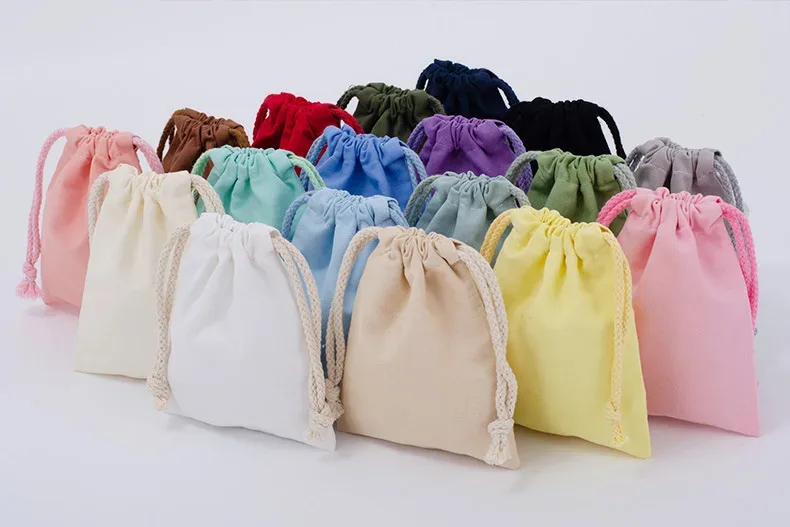 sac d'emballage en toile de coton et polyester avec cordon de serrage, personnalisable avec logo, blanc uni, pour cadeaux et rangement